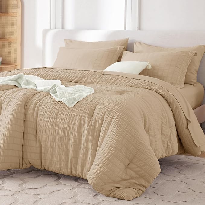 MUXHOMO 5 Pieces Twin XL Comforter Set, Seersucker Bed in a Bag Twin XL Size, All Season Luxury Bedding Set with Comforter, Flat Sheet, Fitted Sheet, Pillowcase & Sham, Khaki