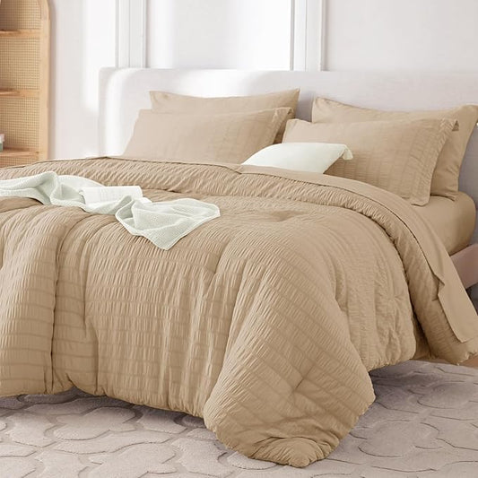 MUXHOMO 5 Pieces Twin Comforter Set, Seersucker Bed in a Bag Twin Size, All Season Luxury Bedding Set with Comforter, Flat Sheet, Fitted Sheet, Pillowcase & Sham, Khaki