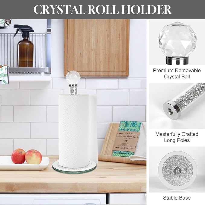 Decorative Paper Towel Holder, Silver Crystal Paper Towel Dispenser, Crushed Diamond Home Decor Toilet Roll Holder Stand with Heavy Base, Freestanding Paper Holder for Kitchen, Bathroom (Round/Silver)