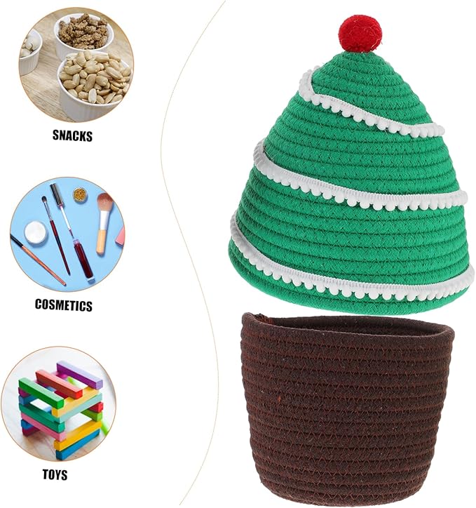 Cabilock Cartoon Christmas Tree Decorative Rope Woven Storage Basket Lid for Organizing Toys Snacks and Cosmetics Holiday Home