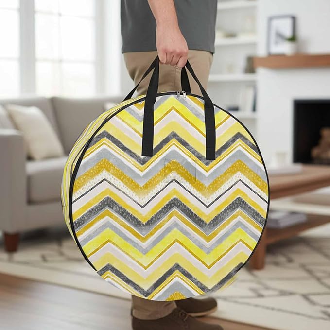 Storage Bag Yellow Grey Chevron Round Storage Totes Bins Closet Organizers with Zippers & Handle Geometric Design Stripe Clothes Storage Container for Bedroom Dorm Space Saving Packing Supplies Bags