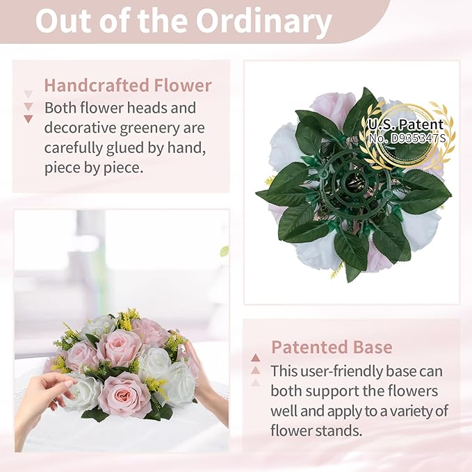NUPTIO Flower Ball Centerpieces for Tables: 6 Pcs Artificial Pink & White Rose Arrangements for Wedding Centerpiece - Faux Silk Floral Kissing Balls for Home Gender Reveal Party Mother's Day Decor