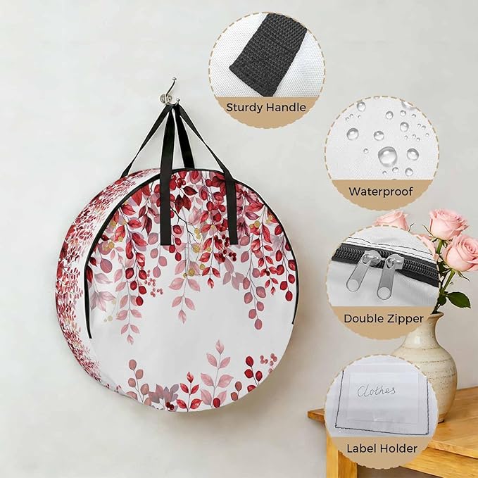Storage Bag Red Eucalyptus Leaves Round Storage Totes Bins Closet Organizers with Zippers & Handle Berry Branch Nature Plant Clothes Storage Container for Bedroom Dorm Space Saving Packing Supplies