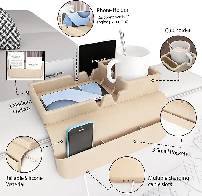 Couch Arm Cup Holder - Silicone Sofa Armrest Tray with 5 Side Pockets, Anti-Slip Armrest Recliner Armchair Caddy, Sofa Table Organizer for Drinks Tablet Remote Snacks Cellphone Cup (Apricot)