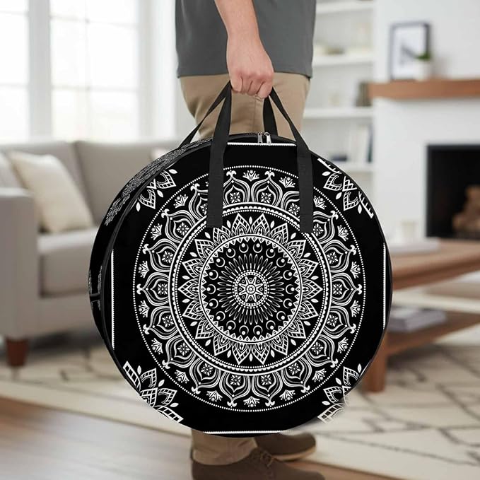 Storage Bag Black Boho Round Storage Totes Bins Closet Organizers with Zippers & Handle Gorgeous Bohemian Flower Clothes Storage Container for Bedroom Dorm Space Saving Packing Supplies Moving Bags