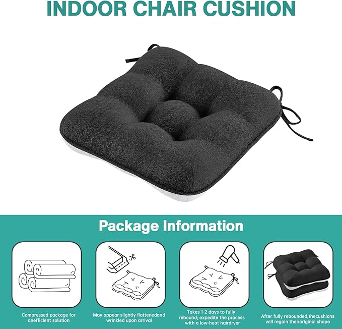 BETU Black Chair Cushions for Dining Chairs Set of 6,3.5" Thick Kitchen Table Chair Pads with Ties,Non Slip Backing and Covers,Seat Cushion for Dining Room,Bar,Patio Chairs,16"X16"X3.5",Black