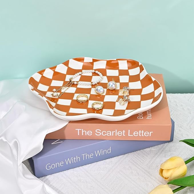 Koythin Jewelry Tray, Ceramic Jewelry Dish Trinket Tray Organizer, Checkered Pattern Aesthetic Decorative for Kitchen, Bathroom, Birthday Gift (Brown Plaid)