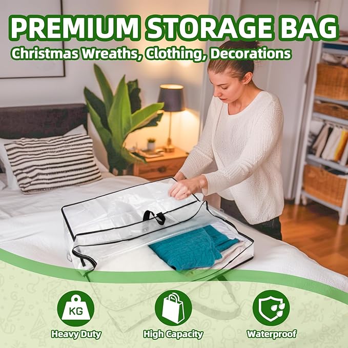 RAINFLOW Wreath Storage Container - 2 PCS Clear Moving Bags Heavy Duty for Christmas Wreaths Garland Clothes Gift Pillow Toy Plastic Storage Bag with Zipper Moving Supplies College Dorm(24 inch)