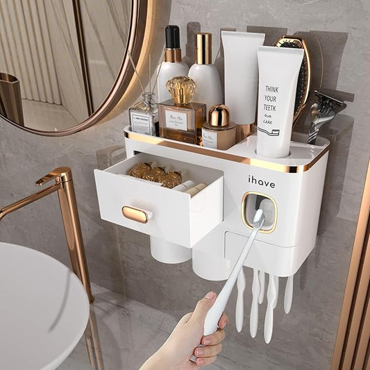 iHave Toothbrush Holders Wall Mounted with Toothpaste Dispenser & 2 Cups - Premium White and Gold Design for Bathroom Decor, All-in-One Bathroom Organizers & Storage for Toothbrushes and Accessories