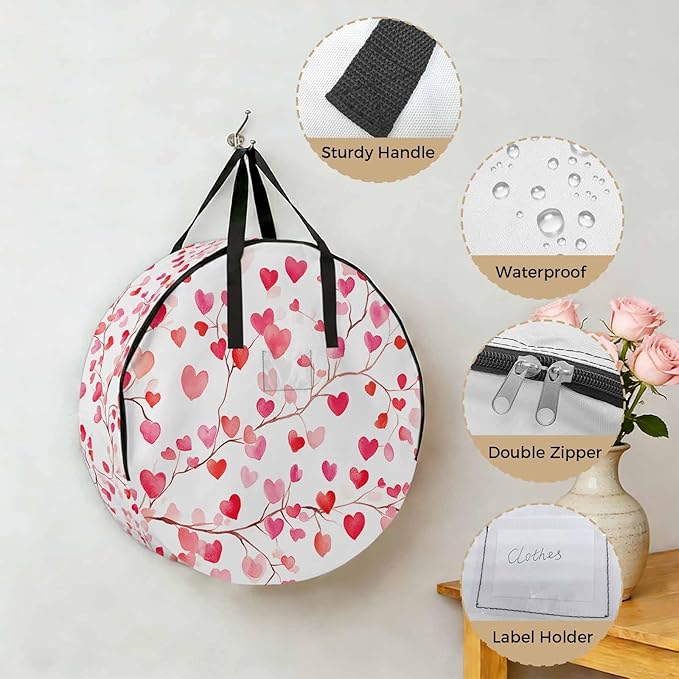 Valentine's Day Round Storage Bag 36 Inch, Romantic Watercolor Red Gradient Love Heart Tree Clothes Storage Container with Handles Heavy Duty Organizer for Comforter, Bedding & Holiday Wreaths
