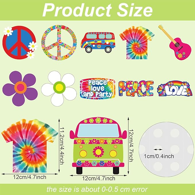 Junkin 60 Pieces Hippie Groovy Party Decoration Tie Dye Birthday Party Cutouts Accents Hippy Retro Flower Peace Sign Boho Daisy Cutouts 60's Vibe Spring Home Wall Decoration