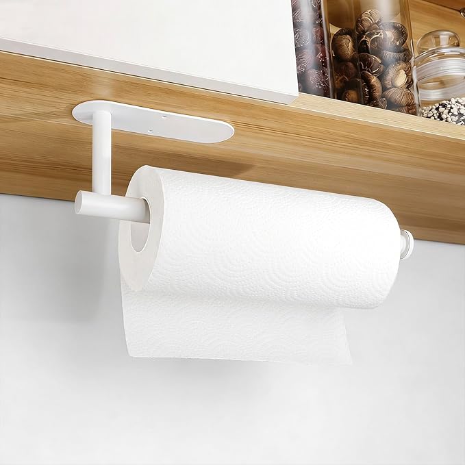 White Paper Towel Holder - Self Adhesive or Drilling, Under Cabinet Paper Towel Holder for Kitchen, Adhesive Paper Towel Roll Rack for Bathroom Towel, SUS304 Stainless Steel