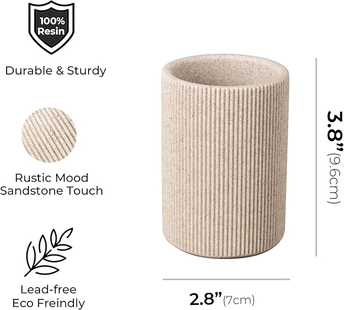 Small Sand Beige Toothbrush Holder for Bathroom Countertop, Modern Boho Aesthetic Vintage Farmhouse Organizer, Pen & Makeup Brush Holder