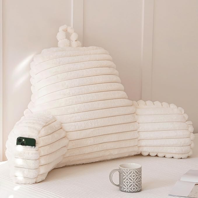 Yaoshuho Large Reading Pillow for Adults, Back Support Pillow for Sitting Up in Bed with Arms, Couch for Lounging Bedrest, Beige