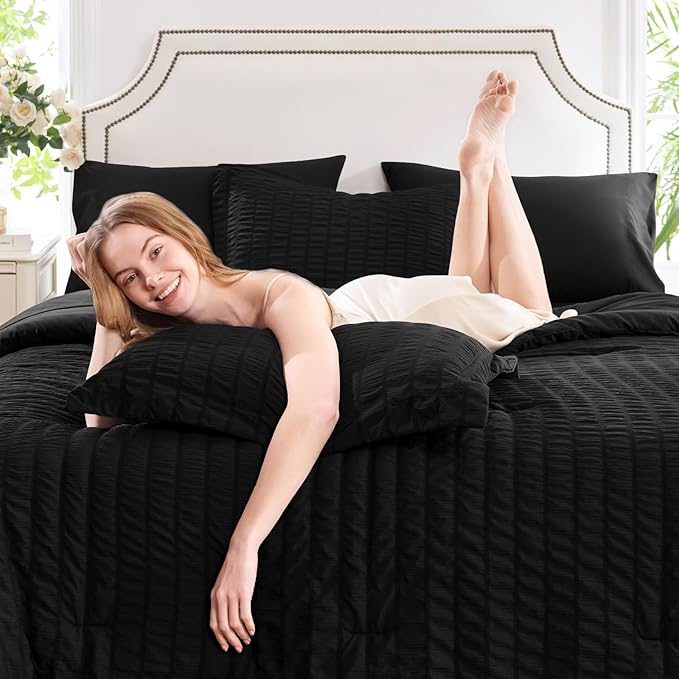 CozyLux California King Comforter Set with Sheets 7 Pieces, Black Seersucker Bed in a Bag Cal King Luxury Soft Bedding Sets with Down Alternative Comforter, Sheets, Pillowcases & Shams for All Season
