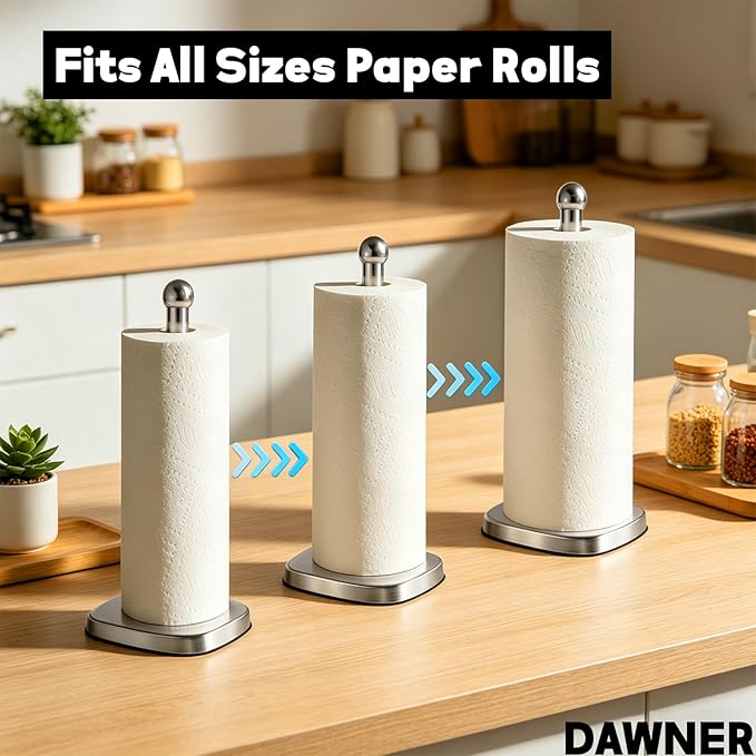 DAWNER Secure Grip Paper Towel Holder Countertop, Easy to Tear with One-Hand, Stainless Steel Paper Towel Stand, Dual-Weighted Suction Base for Kitchen & Bathroom‌