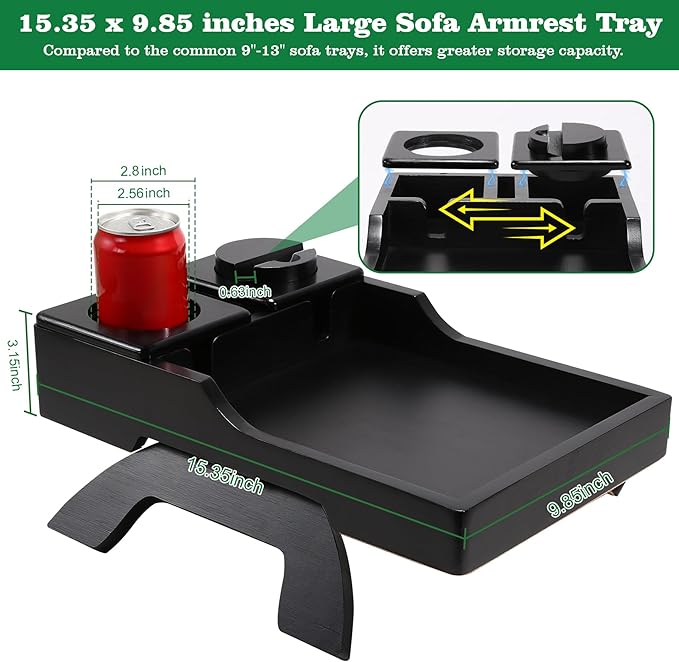 GHKINMAL Couch Cup Holder Tray, 15.4"x9.9" Large 4 in 1 Couch Arm Tray with 360°Rotated Phone Holder, Non-Slip Clip on Side Table for Drinks/Remote/Snacks, Ideal Gift for Husband, Wife, Parents