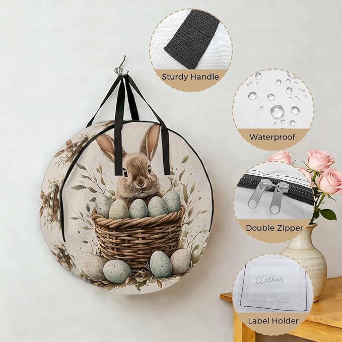 Easter Rabbit Round Storage Bag 24 Inch, Vintage Basket Green Eggs Country Leaf Greenery Linen Clothes Storage Container with Handles Heavy Duty Organizer for Comforter, Bedding & Holiday Wreaths