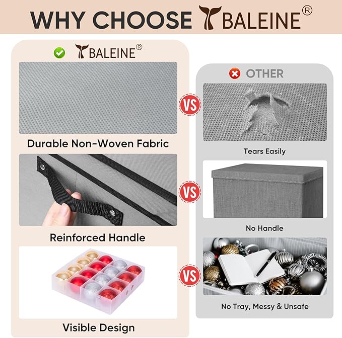 BALEINE Christmas Ornament Storage Box with Dividers, Premium Holiday Ornaments Storage Container Bin for Xmas Decorations (128 Ball, Grey, Hard)