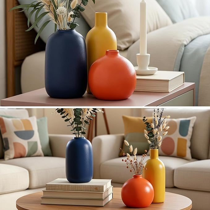 Colorful Ceramic Vase Set, Small Burnt Orange Blue Yellow Vases Home Decor,Fall Décor Modern Farmhouse Vases for Home Decor, Organic Decor Accents for Living Room, Table, Shelf, Entryway, Set of 3