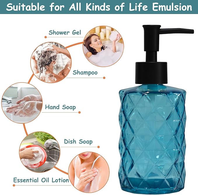 YYTSGG Blue Glass Soap Dispenser with Black Plastic Pump, 12oz Refillable Liquid Hand Soap Dispenser, Crystal Lotion Bottle for Modern Home Decor, Bathroom, Kitchen Countertop, Hotel