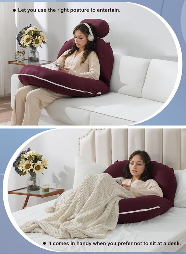 INSEN Reading Pillow, Back Pillow for Sitting in Bed for Reading, Nurse & Relax, Reading Pillow for Adults, Moms & Kids, Sit Up Pillow for Bed, Dark Purple
