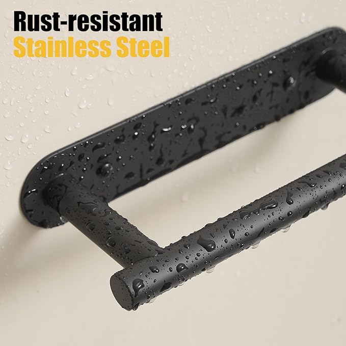 BESy Adhesive or Screw Toilet Paper Holder Wall Mount Rustproof Modern Roll Holder Flexible Pivoting Adjustable Tissue Handle with Self Adhesive or Mounted with Screws Stainless Steel Matte Black