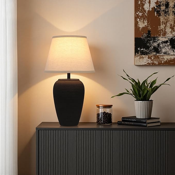 YEPDIN Ceramic Pot Table Lamp 21.25 inch Tall Striped Nightstand Lamp, Tapered Fabric Shade Bedside, Ceramic Decorative for Living Room Bedroom House Office Entryway, TL2