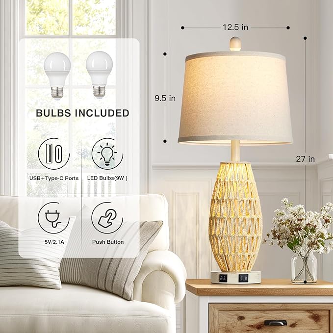 CINSARY 27“ Beige Rattan Table Lamps with Night Light, Boho Bedside Lamps Set of 2, Woven Wicker Bedroom Lamp for Nightstand with USB A+C Charging Port & AC Outlet, Tall Coastal Living Room Lamp