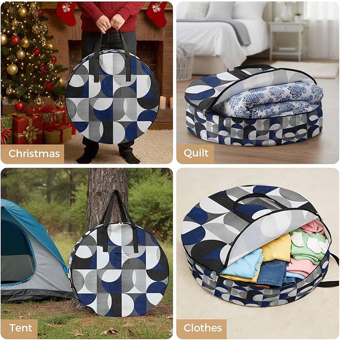 Storage Bag Modern Blue Gray Geometric Round Storage Totes Bins Closet Organizers with Zippers & Handle Abstract Mid Century Clothes Storage Container for Bedroom Dorm Space Saving Packing Supplies