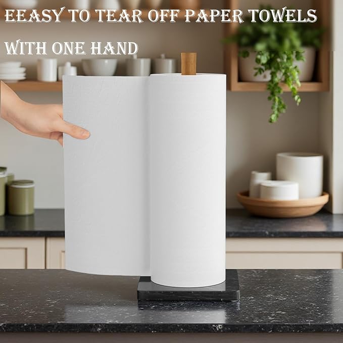 Buruis Wood Paper Towel Holder, Marble Base Modern Decorative Countertop Standing Rolls Holder for Kitchen, Toilet, Pantry and Bathroom (Square Marble Base Black)