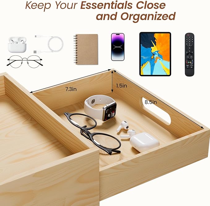 Sofa Arm Tray Table - Adjustable Couch Armrest Table with Cup Holders, 360° Rotating Tablet Holder, Anti-Slip Base & Storage Drawer - Fits 4" to 12.4" Armrests, Waterproof Pine Wood