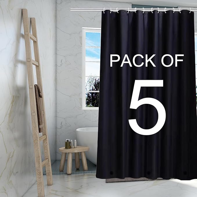 TIKABC Black Shower Curtain Liner 5 Pack, 4G PEVA Shower Liner, Plastic Peva Waterproof Shower Curtains, 72x72 inch with Grommet Holes 3 Magnetic Weights