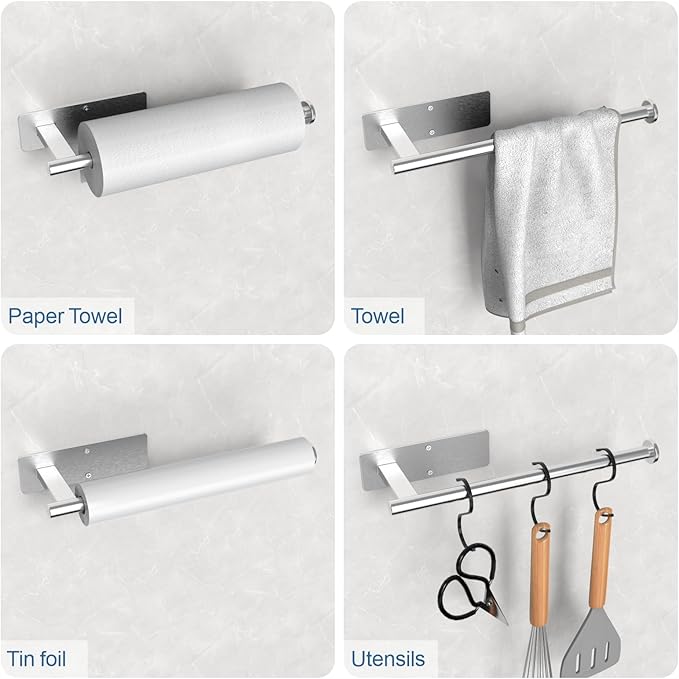 CUXIXA Paper Towel Holder Under Cabinet 2 Pack, Upgraded Adhesive Paper Towel Holder Wall Mount for Kitchen, Bathroom, RV, Bend-Resistant, Self-Adhesive or Drill mounting, Stainless Steel, Silver