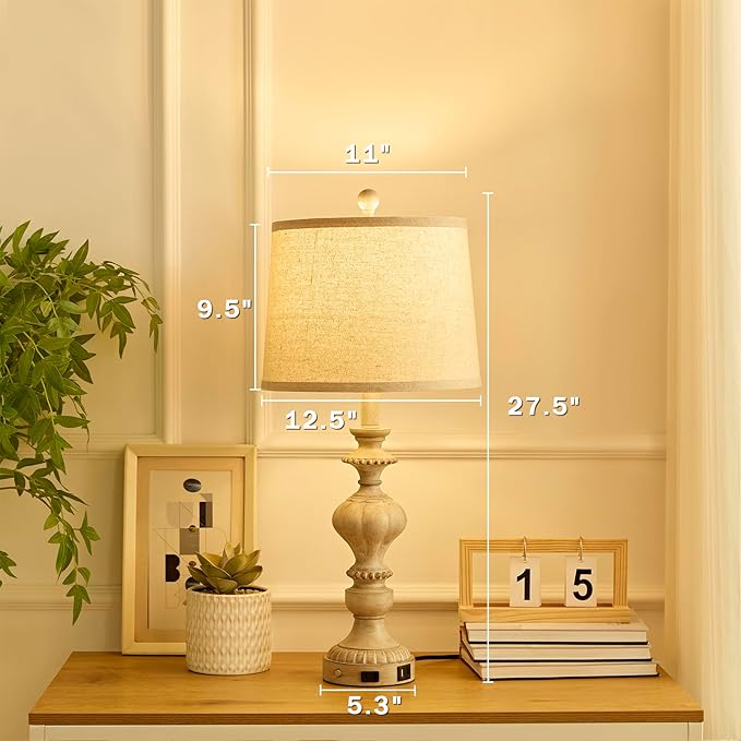 SAIWEYA 27.5" Farmhouse Table Lamps Set of 2 Bedside Nightstand Lamp with USB C+A Ports & AC Outlet, 3 Way Dimmable Touch Lamps for Bedroom Living Room Office Rustic Lamp
