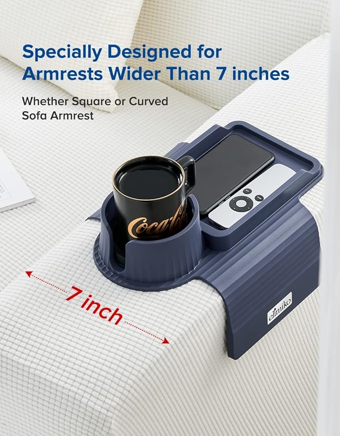 Couch Cup Holder Tray, Elimiko Silicone Sofa Drink Holder with Large Cup Holder and Tray, for Oversized Mugs/Long Remote/Snacks/Cellphone (Navy Blue)