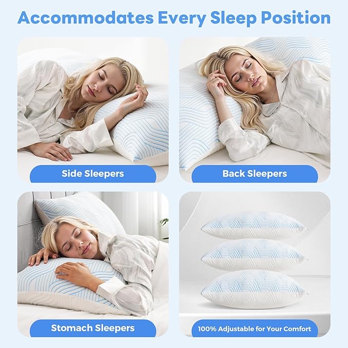 Cooling Bed Pillows for Sleeping 2 Pack Shredded Memory Foam Pillows Standard Size Set of 2 Adjustable Supportive Pillow for Back Stomach Side Sleepers Washable Removable Cover