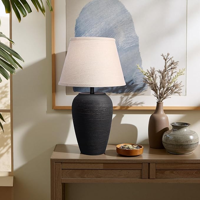YEPDIN Ceramic Pot Table Lamp 21.25 inch Tall Striped Nightstand Lamp, Tapered Fabric Shade Bedside, Ceramic Decorative for Living Room Bedroom House Office Entryway, TL2
