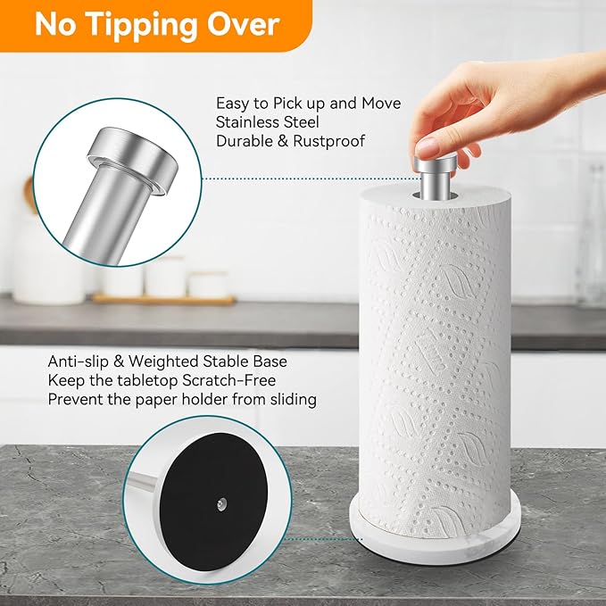 Paper Towel Holder Countertop, Kitchen Paper Towel Roll Holder for Bathroom Kitchen, Stainless Steel Paper Towel Holder with Weighted Marble Base for One-Handed Operation (Silver)