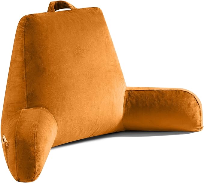 OAISZ Reading Pillow for Sitting in Bed Adult, X-Large Reading Pillow with Shredded Memory Foam, Back Pillow for Sitting Up with Extend Arms, Pockets, Bed Pillow with Washable Cover, Orange