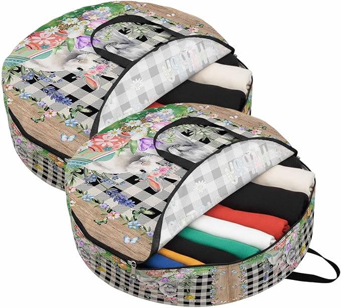 24 Inch Round Storage Bag 2 Pack,Farm Easter Blossom Flowers Bunny Waterproof Wreath Storage Container with Handles&Zipper Black White Buffalo Tartan Closet Organizer Bags Garland Box