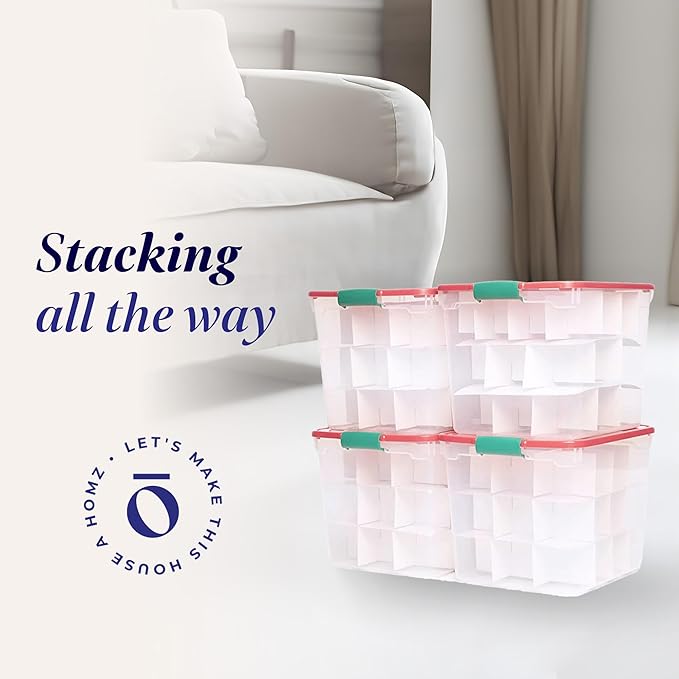 HOMZ 4-Pack Holiday Tote, Clear Plastic Storage Bins w/ Lids & Dividers, 31 Quart, Red - Stackable Organizing Containers for Home, Garage, and Office