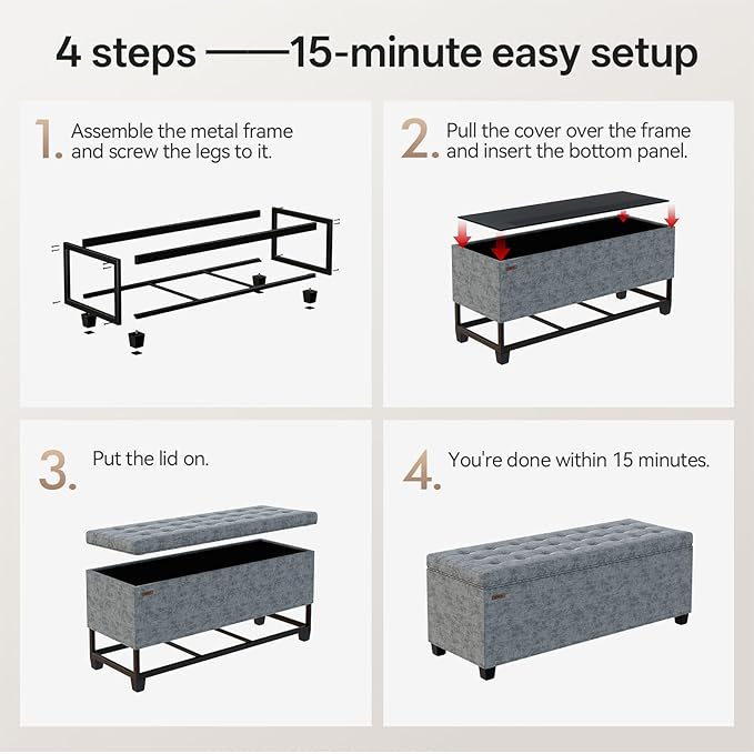 ABHENG Chenille Storage Ottoman Bench with Legs, 43.5”W x 15.7”D x 15.7”H,Metal Frame end of Bed Bench Hold up to 770 LB,Large Storage Chest,Gray UASND621G