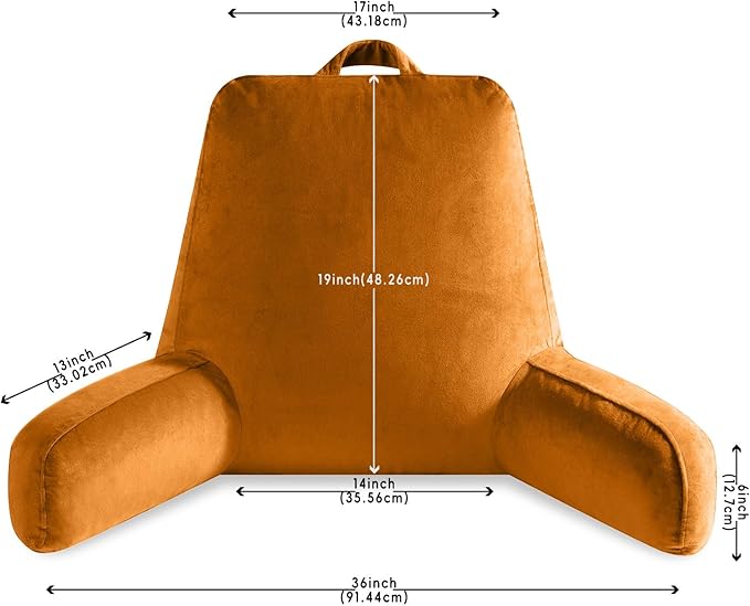 OAISZ Reading Pillow for Sitting in Bed Adult, X-Large Reading Pillow with Shredded Memory Foam, Back Pillow for Sitting Up with Extend Arms, Pockets, Bed Pillow with Washable Cover, Orange
