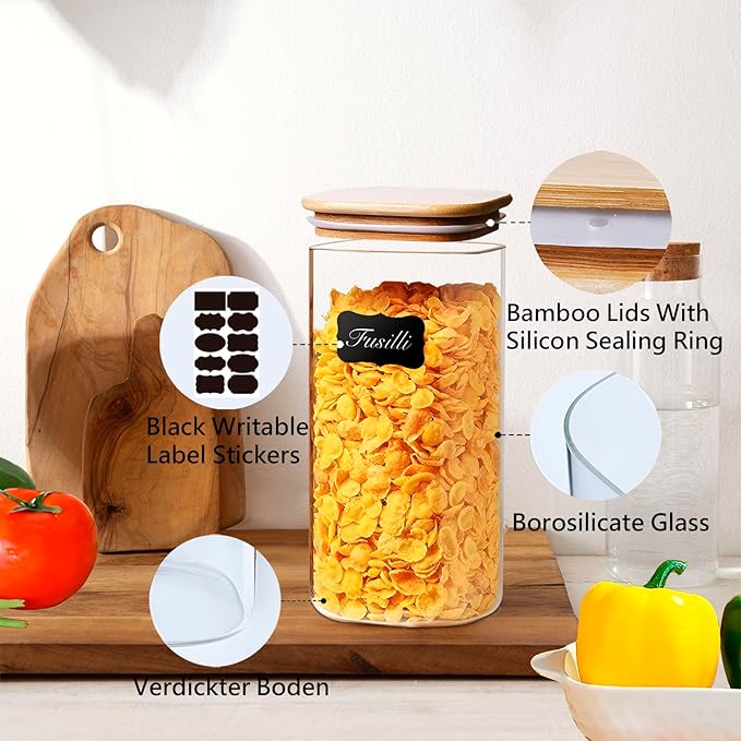 VIEWELLD 1.6 Qt Square Glass Storage Containers with Lids, Clear Food Storage Container Jar with Sealing Bamboo Lid for Noodles Flour Cereal Rice Sugar Tea Coffee Beans,Square Set of 3