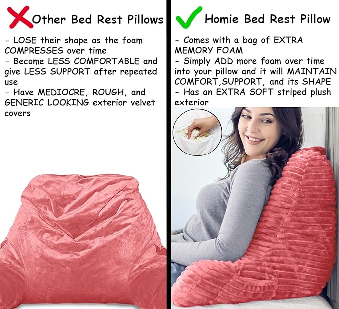Homie Reading Pillow with Reading Light and Wrist Support, Has Arm Rests, and Back Support for Bed Rest, Lounging, Reading, Working on Laptop, Watching TV (Pink)