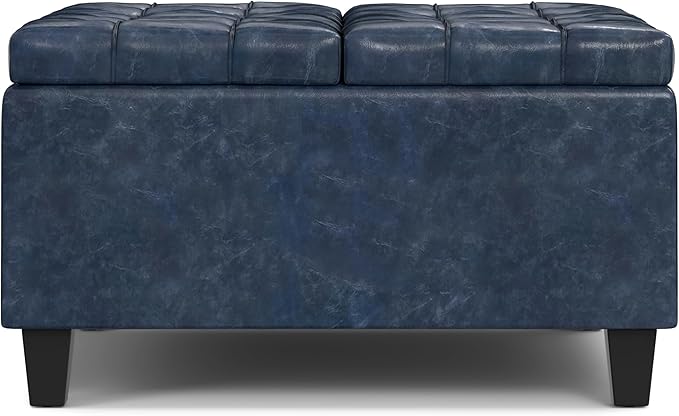 SIMPLIHOME Harrison Small Coffee Table Storage Ottoman - 30 inch Wide Upholstered Vegan Leather Square Lift-Top Ottoman in Denim Blue, Transitional Ottoman for Living Room with Hidden Storage