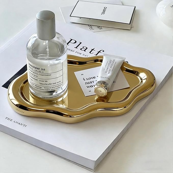 Jewelry Tray for Women, Cloud Shape Ceramic Trinket Dish, Jewelry Organizer Storage Holder for Ring Earring Bracelet Necklace, Make Up Organizer (White) (Gold)