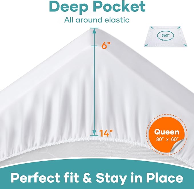 OhGeni Waterproof Mattress Protector, Queen Size Fitted Sheet with Deep Pocket, 6''-18'' Washable Hypoallergenic Mattresses Cover,Noiseless Soft Mattress Pad, Urine,Bedroom Essential,Pee & Dirt-Proof