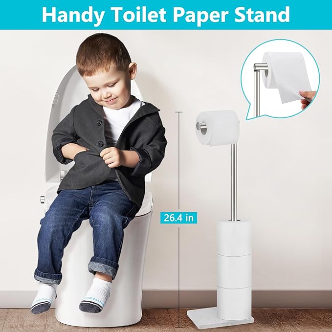 Toilet Paper Holder Free Standing, 6 Rolls Modern Stainless Steel Standing Bathroom Toilet Paper Roll Holder Stand with Storage Brushed Nickel Tissue Holder, Marble Base, Naturous